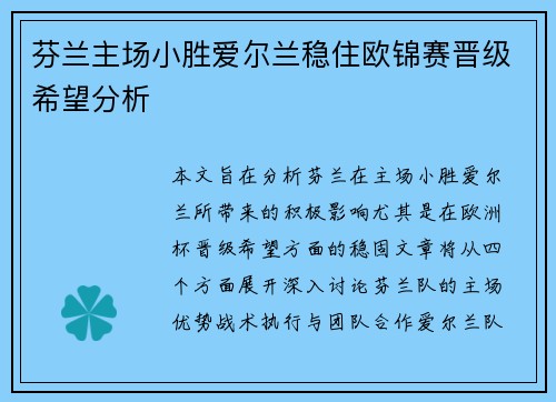 芬兰主场小胜爱尔兰稳住欧锦赛晋级希望分析