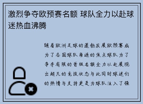 激烈争夺欧预赛名额 球队全力以赴球迷热血沸腾