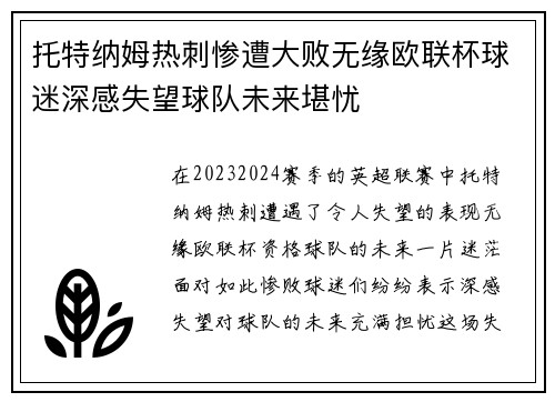 托特纳姆热刺惨遭大败无缘欧联杯球迷深感失望球队未来堪忧