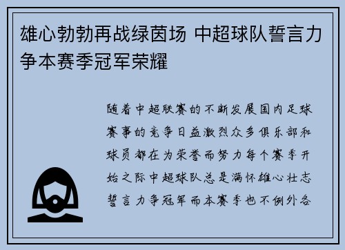 雄心勃勃再战绿茵场 中超球队誓言力争本赛季冠军荣耀