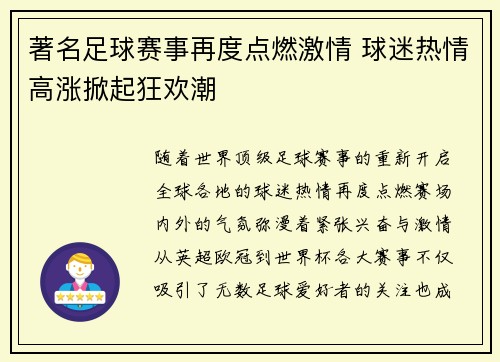 著名足球赛事再度点燃激情 球迷热情高涨掀起狂欢潮